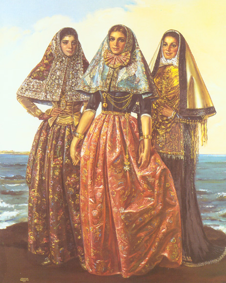 Mallorca, Menorca, and Eivissa, in national costumes of Balearic islands