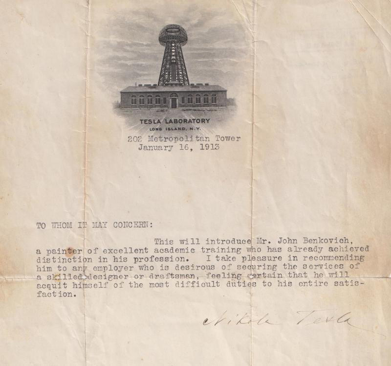 Recommendation letter by Nikola Tesla for Ivan Benković