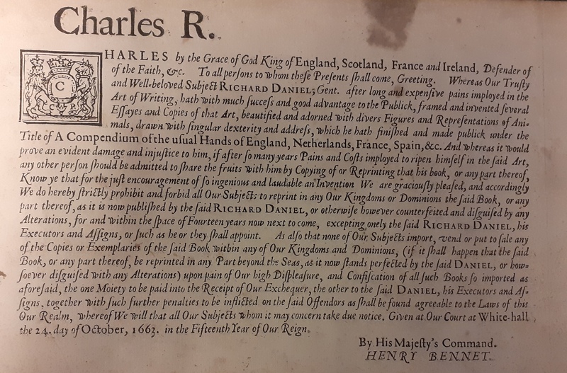 opyright koji je napisao kralj Charles II (na samom početku knjige)