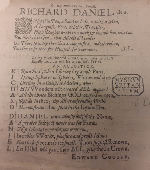 Euologies to Richard Daniel written by D.L. and by Edward Cocker.